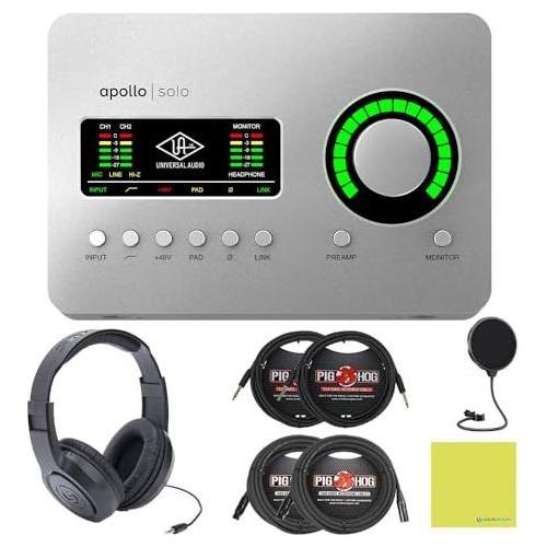 Universal Audio Apollo Solo Heritage Edition Audio Interface Bundle w/Samson Over-Ear Headphones, 2-Pack Pig Hog 8mm XLR Mic Cable, 2-Pack Pig Hog
