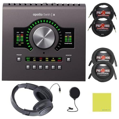 Universal Audio Apollo Twin X DUO Heritage Edition Interface Bundle w/Samson Over-Ear Headphones, 2-Pack Pig Hog 8mm XLR Mic Cable, 2-Pack Pig Hog "Black Woven" Instrument Cable, & Pop Filter