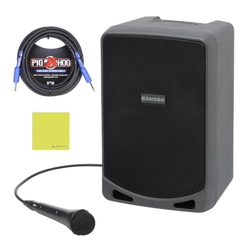 Samson Expedition XP106 Rechargeable Portable PA System with Bluetooth Bundled with Pig Hog 9.2mm Speaker Cable 25ft - Includes Wired Handheld Microphone