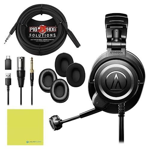 Liquid Audio Audio-Technica ATH-M50XSTS StreamSet Streaming Headset Bundle with Pig Hog 25' Headphone Extension Cable, Polishing Cloth