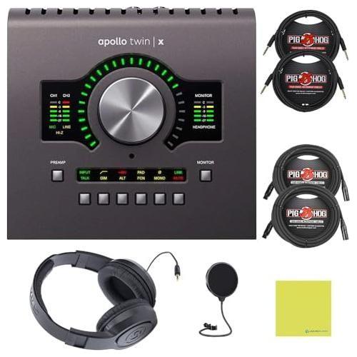Universal Audio Apollo Twin X Quad Heritage Edition Audio Interface Bundle w/Samson Over-Ear Headphones, 2-Pack Pig Hog 8mm XLR Mic Cable, 2-Pack Pig Hog