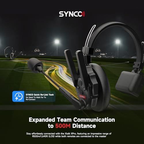 SYNCO XTALK PRO Wireless Intercom Headset System 2.4 GHz 1640feet/500 Meter Long Distance Range Communication Headset for Live Show Stage Performance Movie Shoot