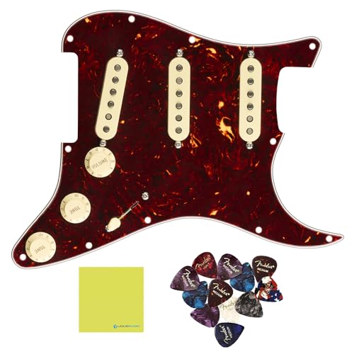 Fender Pre-Wired Strat® Pickguard, Original '57/'62 SSS, Tortoise Shell - 0992345500 Bundle w/ 12-Pack Guitar Pick and Liquid Audio Polishing Cloth
