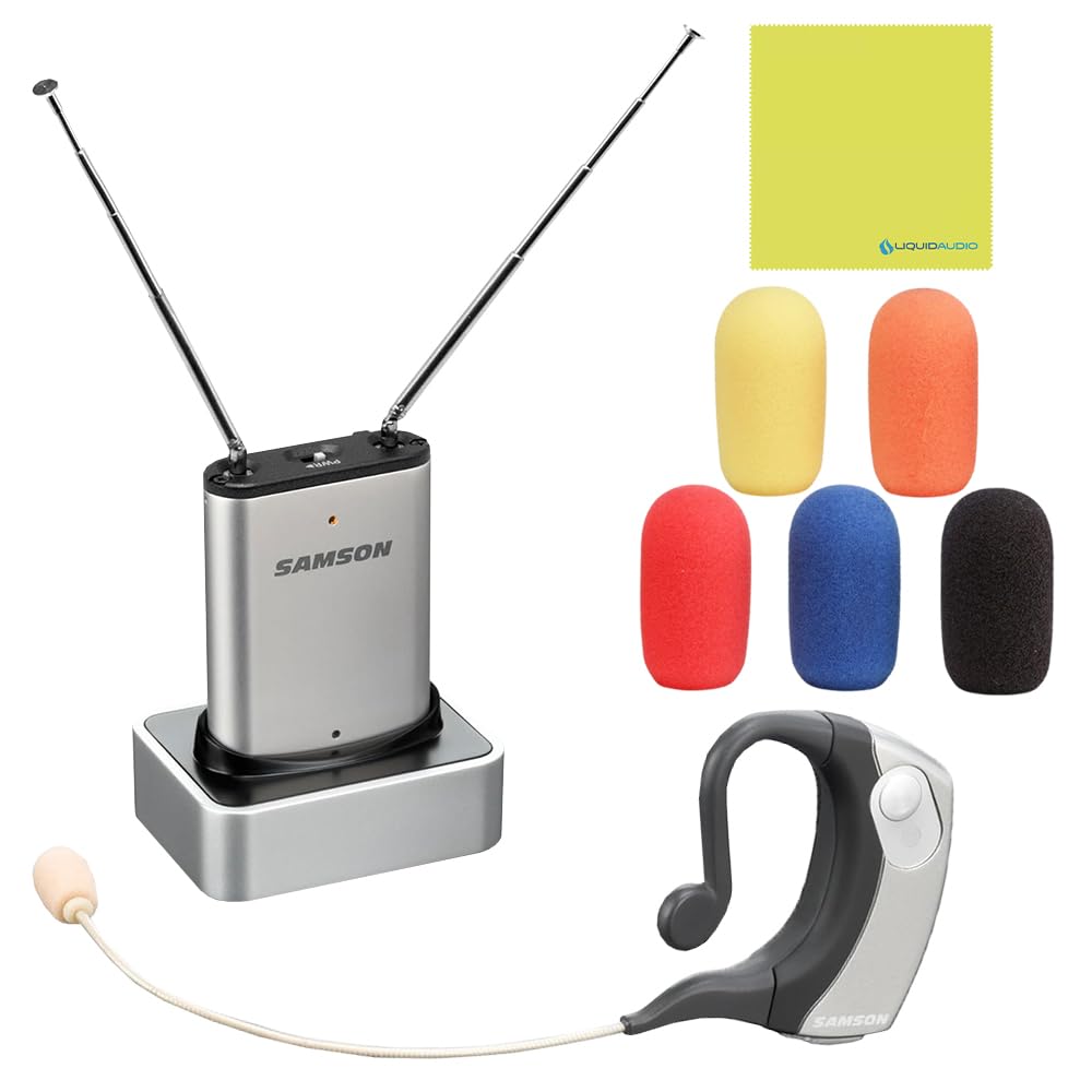 Samson AirLine Micro Earset Wireless System | Frequency K3 (492.425 MHz) Bundle with 5 Windscreens and Polishing Cloth - Fitness Instructor Microphone Headset System