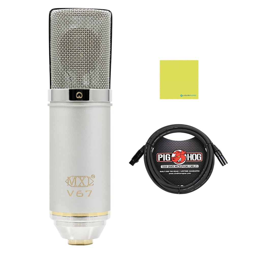 Liquid Audio MXL V67G HE Heritage Edition Condenser Microphone Bundle with 10ft Pig Hog Instrument Cable and Polishing Cloth – FET Design for Studio-Quality Sound