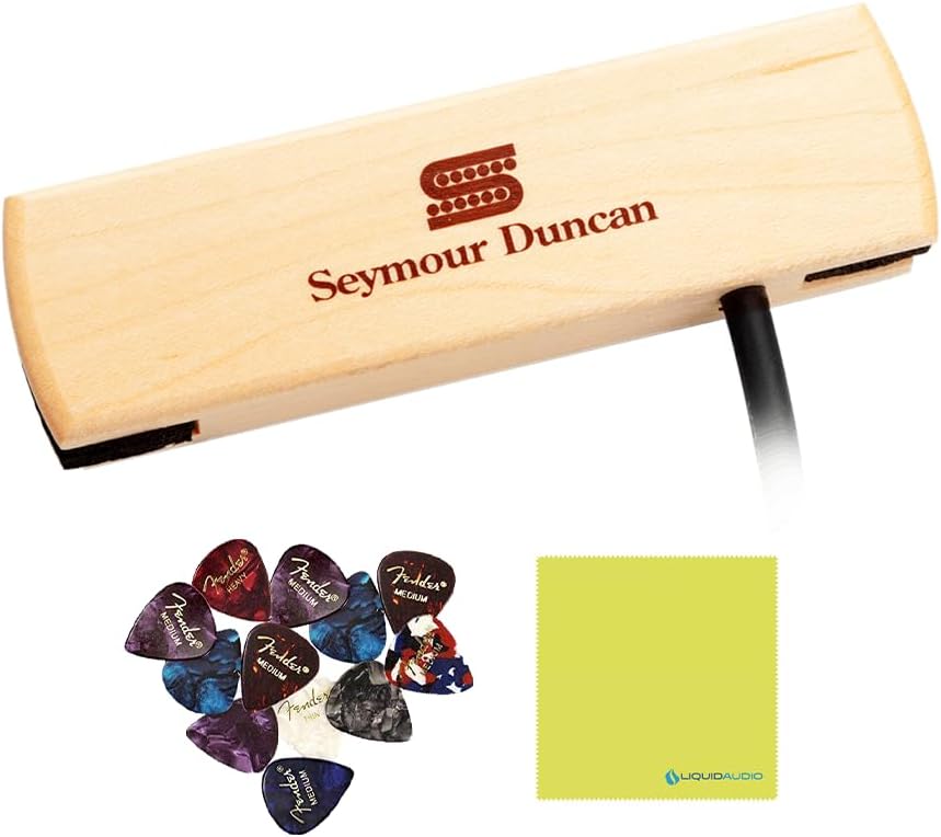 Seymour Duncan Woody Single Coil Pickups, Sound Hole Pickup Acoustic Guitar, Maple Color Bundle with 12x Fender Guitar Picks and Liquid Audio Instrument Polishing Cloth - 11500-30 Model