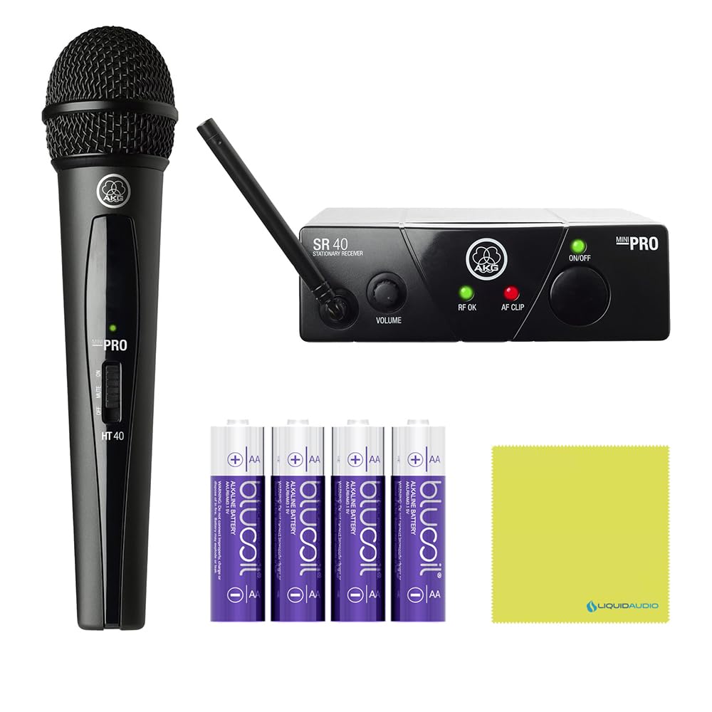 AKG Wireless Microphone System WMS40MINI Vocal Set Band US25D (540.400 MHz) with SR40 Receiver and PT40 Mini Pocket Transmitter Bundle with 4x AA Batteries and Instrument Polishing Cloth
