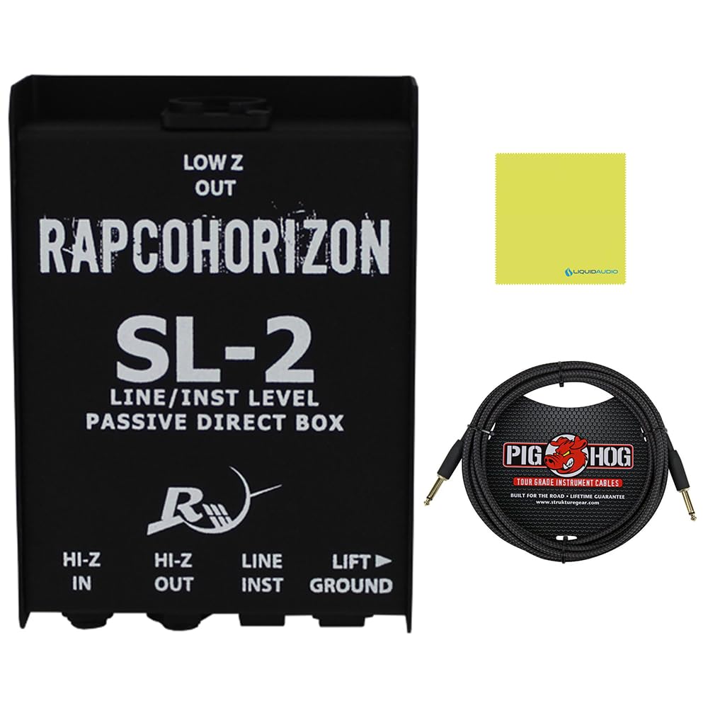 RapcoHorizon SL-2 Passive Direct Box Bundle w/Pig Hog PCH10BK "Black Woven" Instrument Cable and Liquid Audio Polishing Cloth