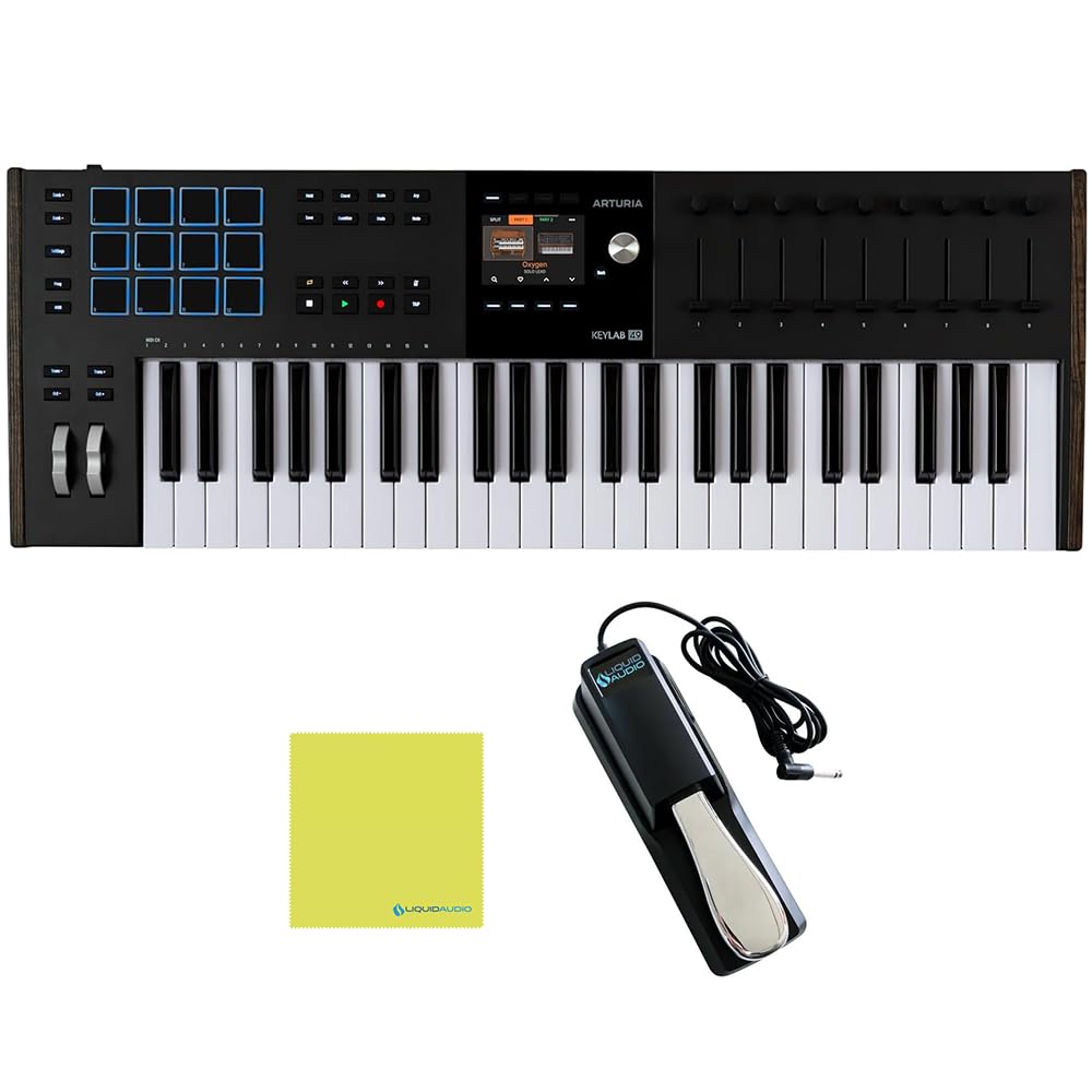 Arturia KeyLab 49 Mk3 Black Bundle with Sustain Pedal & Polishing Cloth – 49-Key USB MIDI Controller, DAW Integration, Faders, Encoders, Pads & Analog Lab Pro Software for Music Production