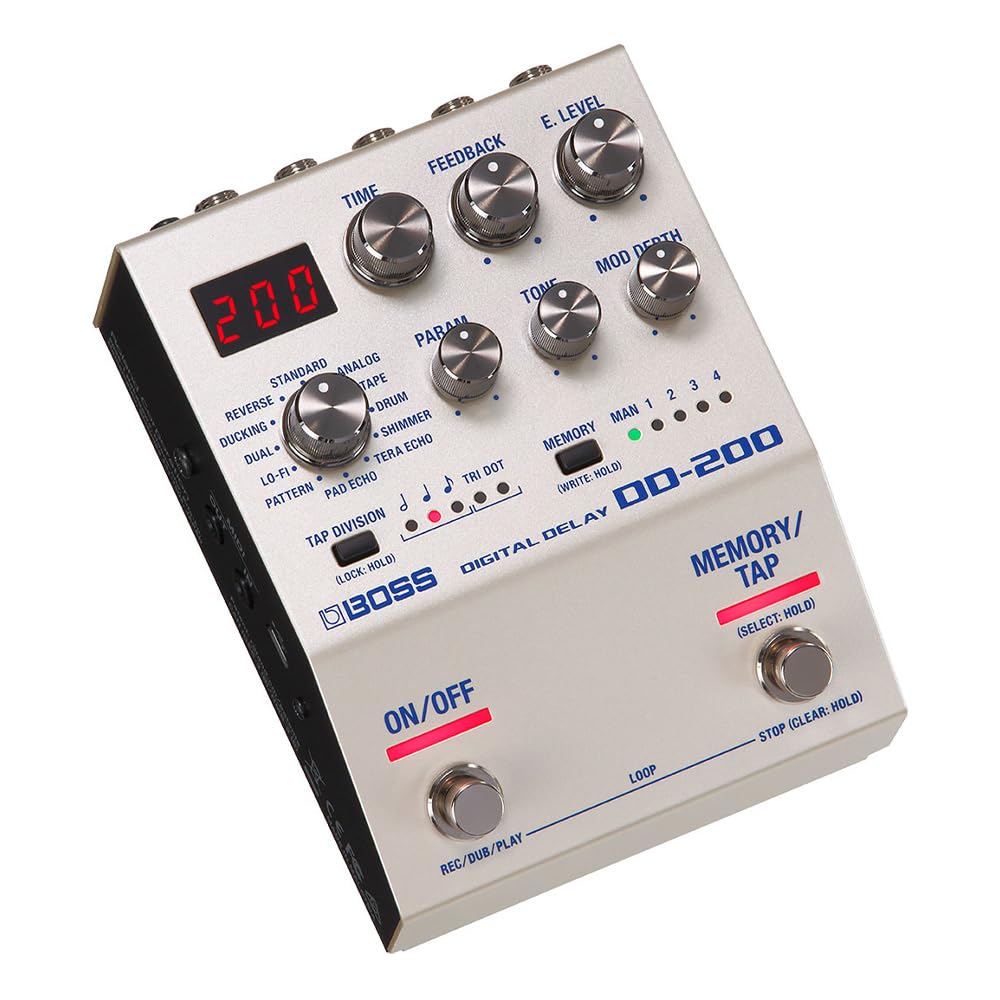 Boss DD-200 Digital Delay Pedal Bundle with 2X Right Angle Patch Cables, 10ft Pig Hog Instrument Cable, 12x Guitar Picks and Instrument Polishing Cloth