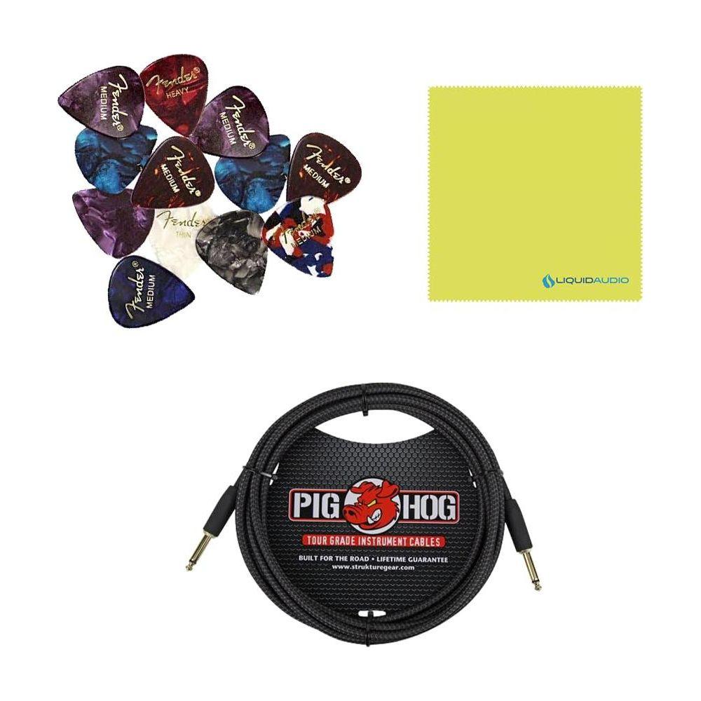 Fender Acoustic Junior Guitar Amplifier, 120V, Dark Brown, Bundle w/Pig Hog Black Woven Instrument Cable, 12-Pack Guitar Picks & Liquid Audio Polishing Cloth