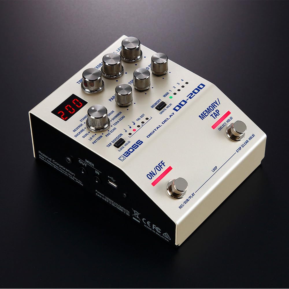 Boss DD-200 Digital Delay Pedal Bundle with 2X Right Angle Patch Cables, 10ft Pig Hog Instrument Cable, 12x Guitar Picks and Instrument Polishing Cloth