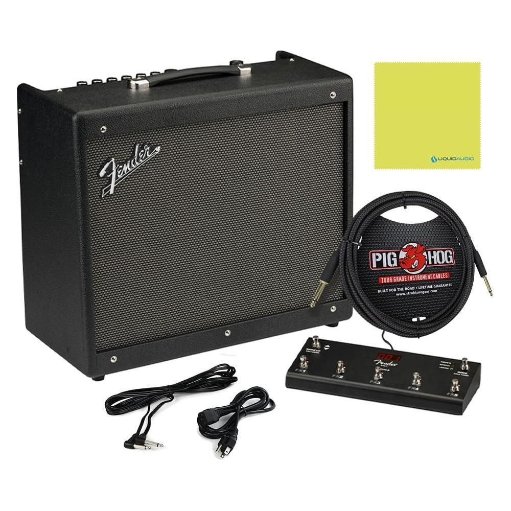 Fender Mustang GTX100 Guitar Amplifiers 120V Bundle w/Pig Hog PCH10BK Instrument Cable, Fender Foot-Switch, Instrument Cable, Power Cable, 12x Fender Picks and Liquid Audio Polishing Cloth