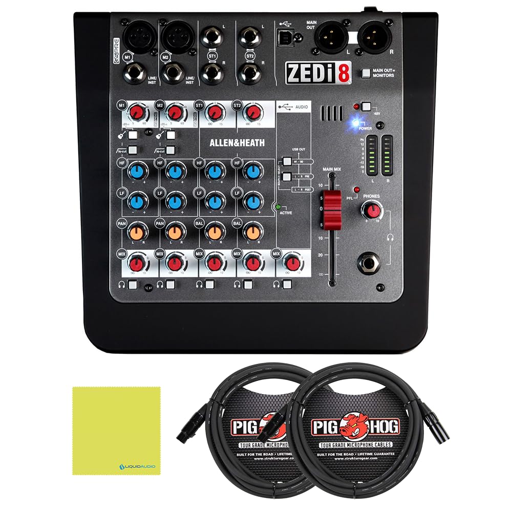 Allen & Heath ZEDi-8 Hybrid Compact Mixer/USB Interface Bundle w/ 2-Pack Pig Hog PHM10 8mm Mic Cable and Liquid Audio Polishing Cloth