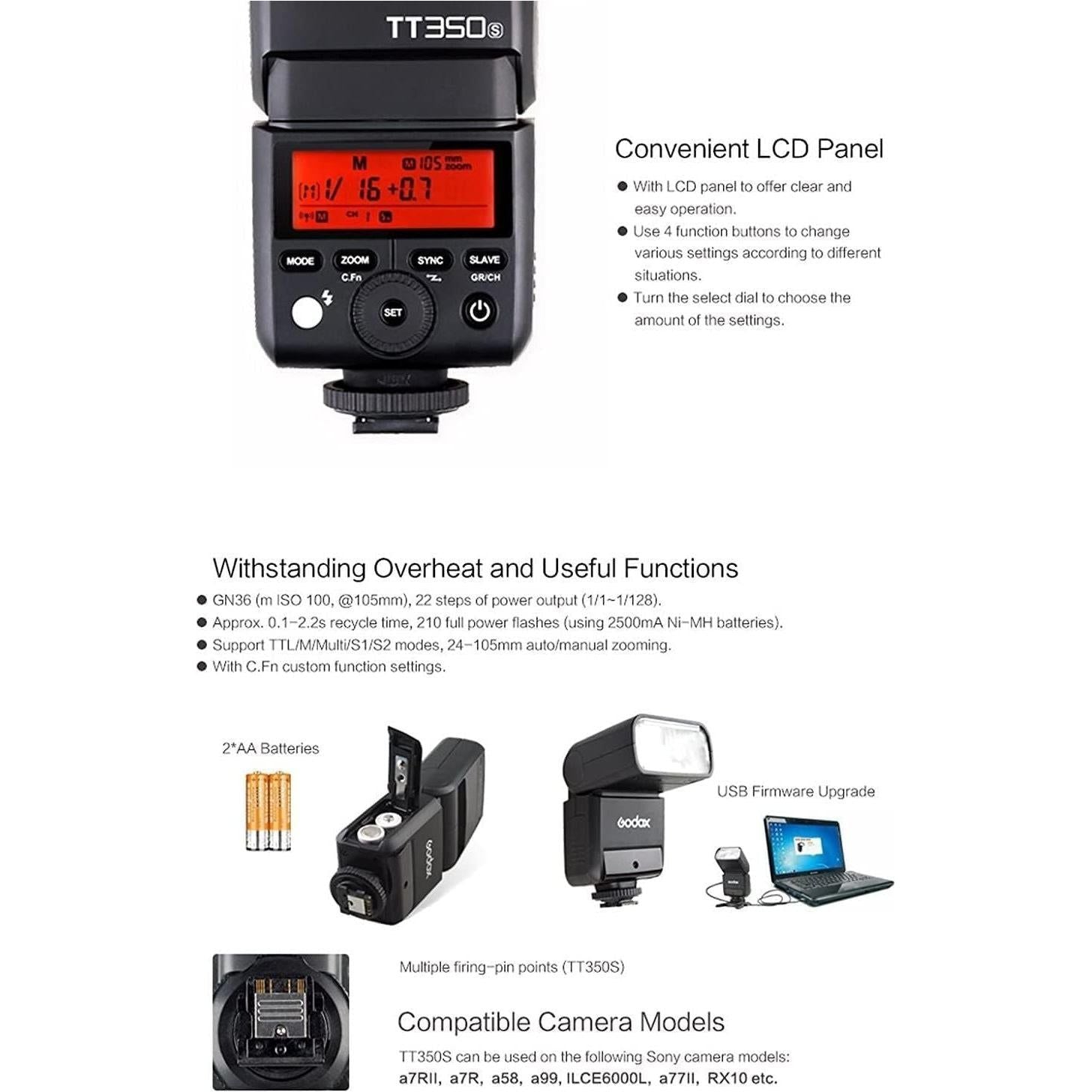 Godox Thinklite TTL TT350S Mini Camera Flash High Speed 1/8000s GN36 for Sony Mirrorless DSLR Camera A77II A6000 A6500 RX10 Series