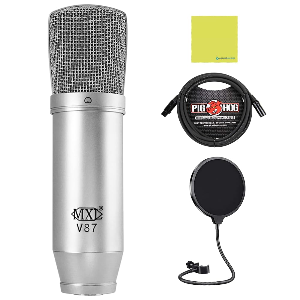 MXL V87 Low Noise FET Condenser Microphone Bundle with Pop Filter, 10ft Pig Hog Mic Cable & Polishing Cloth – Ultra-Clear Vocals, Low Self-Noise, Warm Tone, Ideal for Studio & Broadcast Recording
