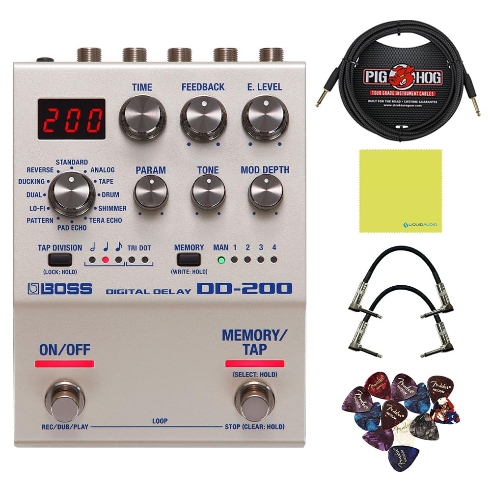 Boss DD-200 Digital Delay Pedal Bundle with 2X Right Angle Patch Cables, 10ft Pig Hog Instrument Cable, 12x Guitar Picks and Instrument Polishing Cloth