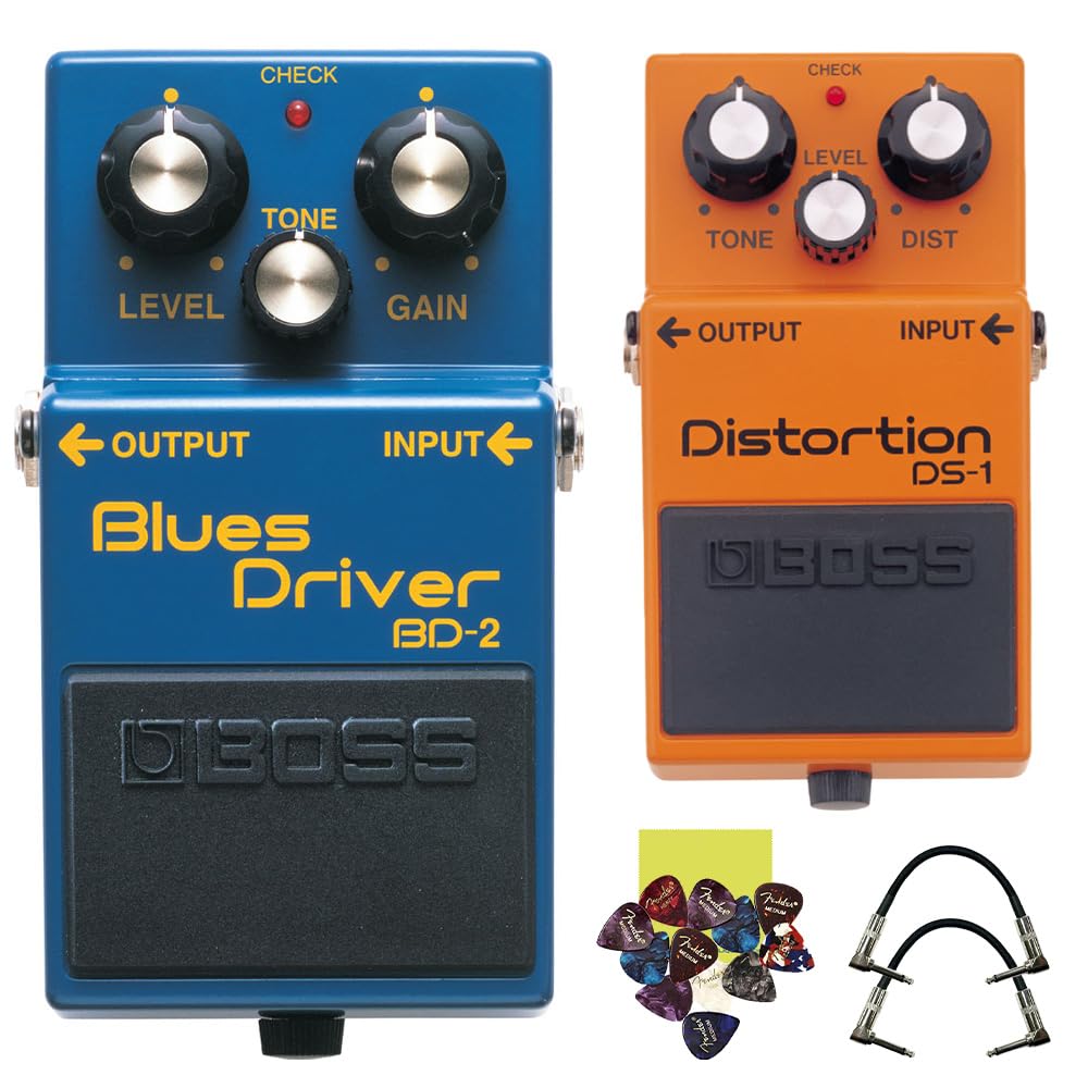 Boss BD-2 Blues Driver Guitar Effects Pedal Bundle with Boss DS-1 Distortion Pedal, 2 Strukture 6" Right Angle Patch Cables, 12 Guitar Picks & Polishing Cloth – Classic Tone & Versatility