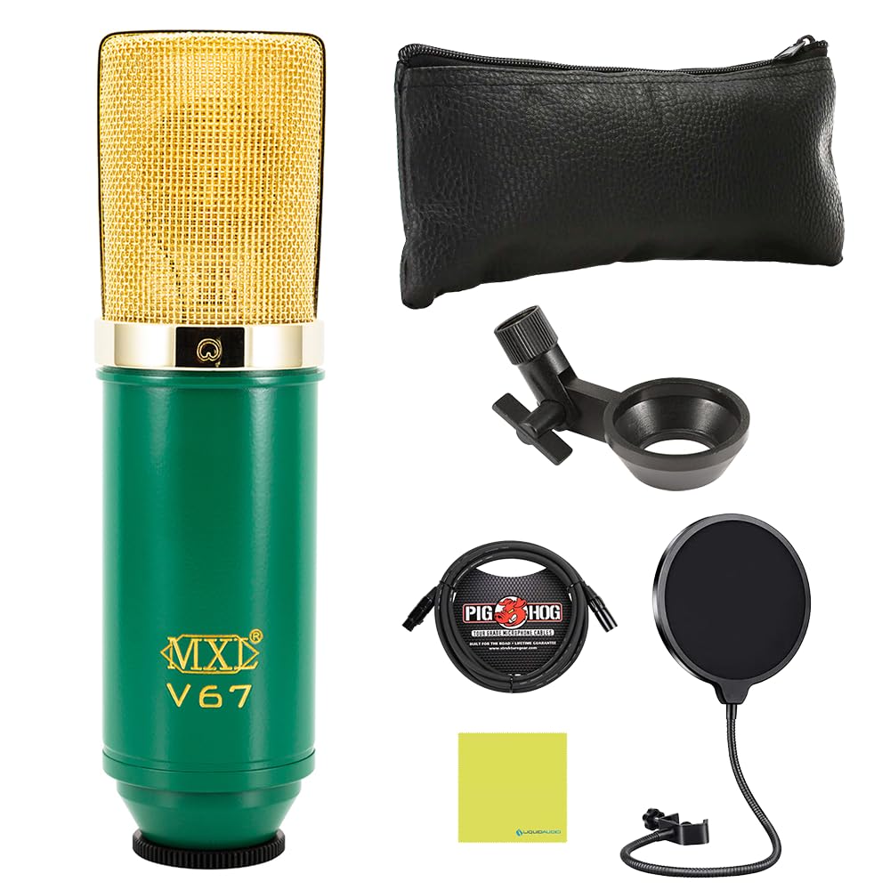 Liquid Audio - MXL V67G Large-Diaphragm Condenser Microphone Bundle w/Pig Hog PHM10 8mm Mic Cable, Pop Filter Polishing Cloth
