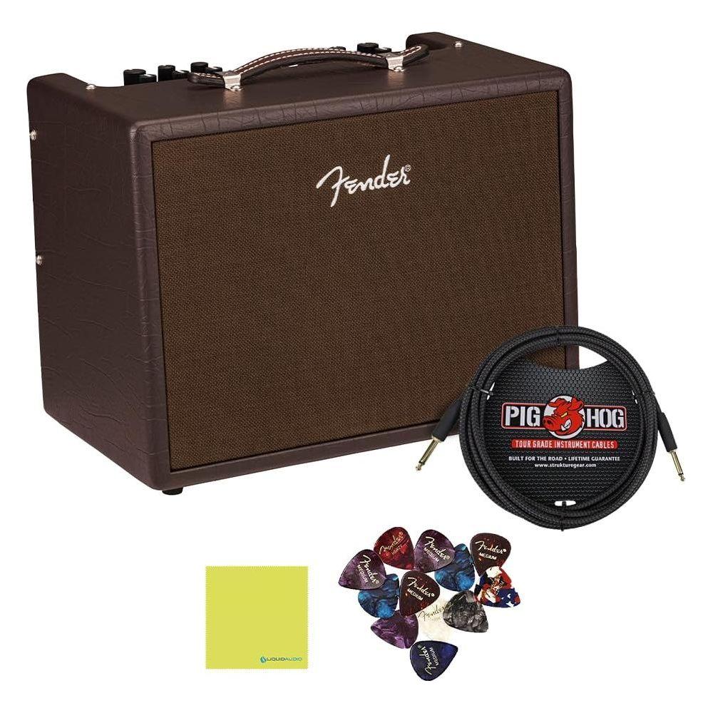 Fender Acoustic Junior Guitar Amplifier, 120V, Dark Brown, Bundle w/Pig Hog Black Woven Instrument Cable, 12-Pack Guitar Picks & Liquid Audio Polishing Cloth