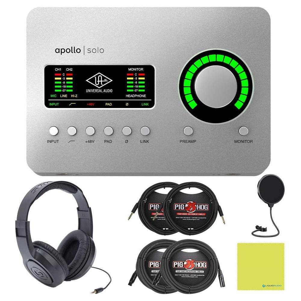 Universal Audio Apollo Solo USB Heritage Edition Bundle w/Samson Over-Ear Stereo Headphones, 2-Pack Pig Hog 8mm XLR Mic Cable, 2-Pack Pig Hog