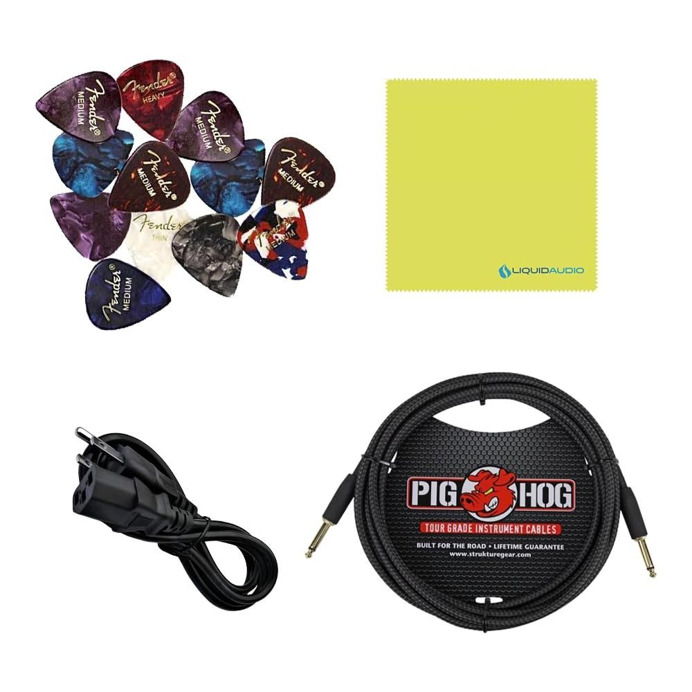 Fender Rumble 100 Bass Amplifier Bundle w/Pig Hog PCH10BK Black Woven Instrument Cable, Power Cable, 12x Fender Picks and Liquid Audio Polishing Cloth