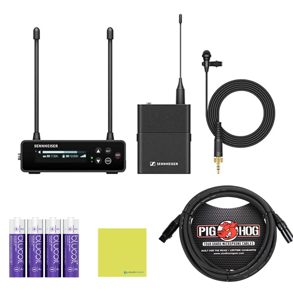 Sennheiser EW-DP ME 2 Set (R4-9) Camera-Mount Digital Wireless Microphone System Bundle w/Pig Hog PHM10 8mm Mic Cable, 4-pack Blucoil AA Batteries and Liquid Audio Polishing Cloth