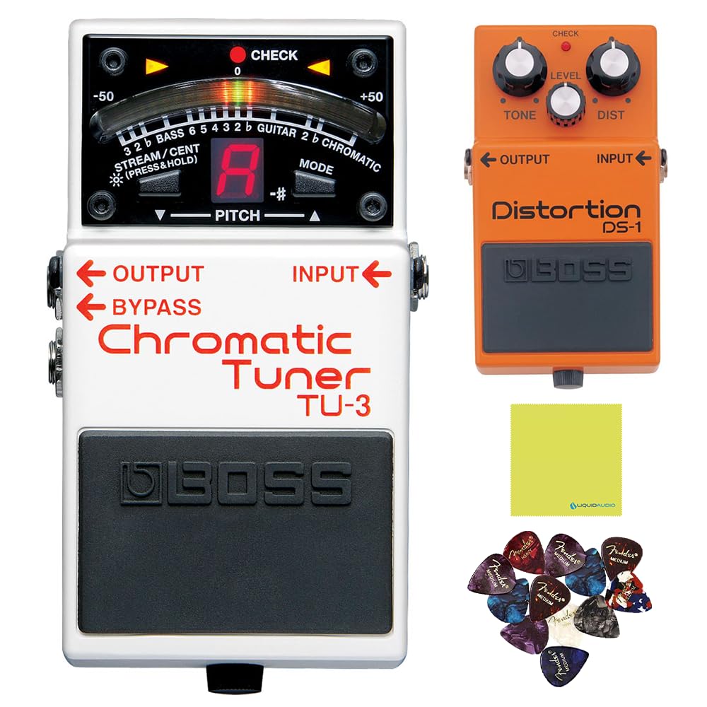 Boss TU-3 Chromatic Tuner Pedal with Bypass Bundle with Boss DS-1 Distortion Pedal, 12 Guitar Picks, Instrument Polishing Cloth - Accurate Tuning & Versatile Tone