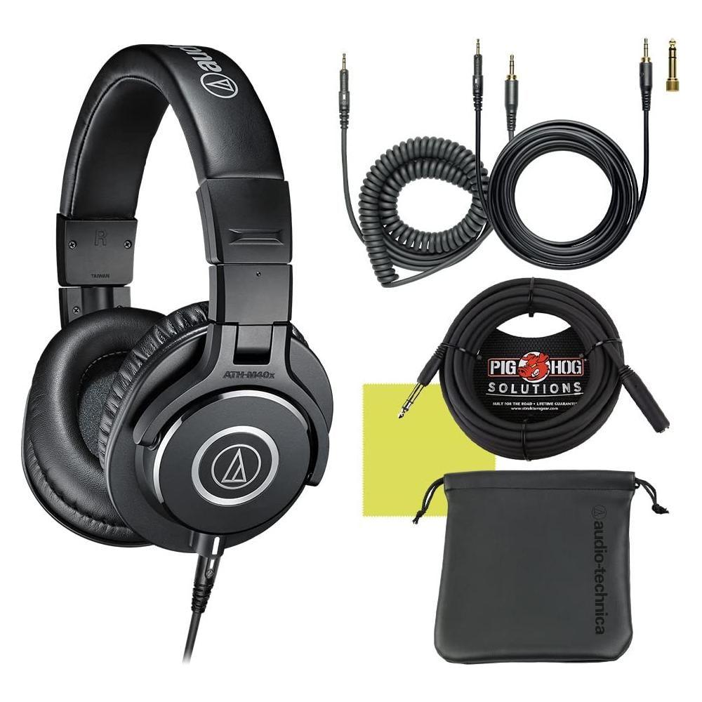 Audio Technica ATH-M40x Professional Studio Monitor Headphone Bundle with Detachable Cables, Pig hog 25 Extension Cable, Detachable Cables, Screw-on 1/4 Adapter & Liquid Audio Polishing Cloth