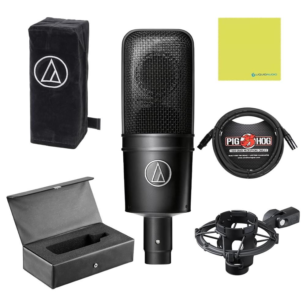 Liquid Audio - Audio Technica AT4040 Cardioid Condenser Microphone Bundle w/Pig Hog Mic Cable, AT8449 Shock Mount, Mic Dust Cover, Carrying Case Polishing Cloth