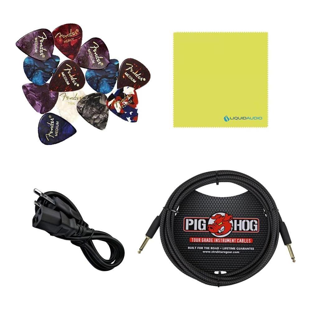 Fender Rumble 200 Bass Amplifier Bundle w/Pig Hog PCH10BK Black Woven Instrument Cable, Power Cable, 12x Fender Picks and Liquid Audio Polishing Cloth
