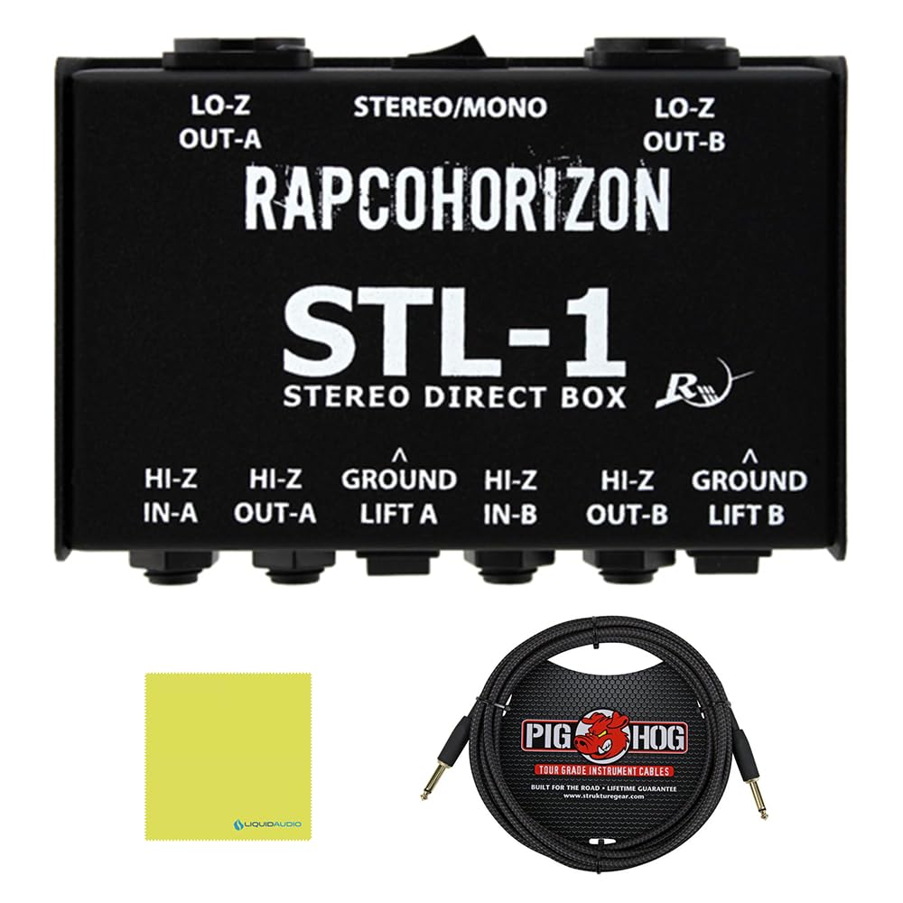 RapcoHorizon STL-1 Stereo Direct Box Bundle w/Pig Hog PCH10BK "Black Woven" Instrument Cable and Liquid Audio Polishing Cloth