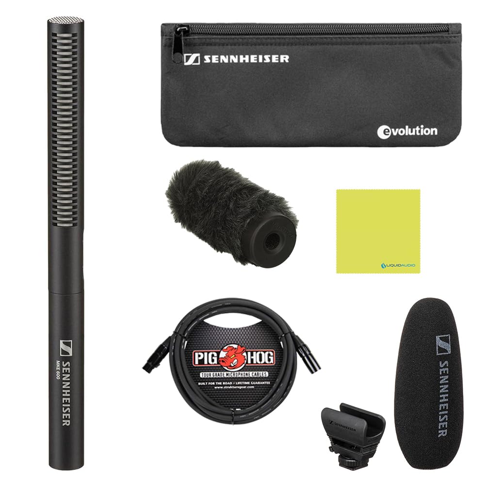 Liquid Audio Sennheiser MKE 600 Shotgun Condenser Microphone Bundle w/Sennheiser MZH 600 Windshield, Pig Hog PHM10 8mm Mic Cable Polishing Cloth
