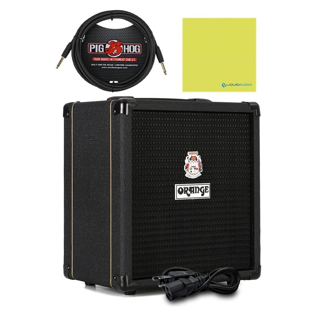 Orange Crush Bass 25 Black Guitar Combo Amp Bundle w/Pig Hog Black Woven Instrument Cable and Liquid Audio Polishing Cloth 1x8 25 Watts, 3 Band EQ & Integrated Chromatic Tuner