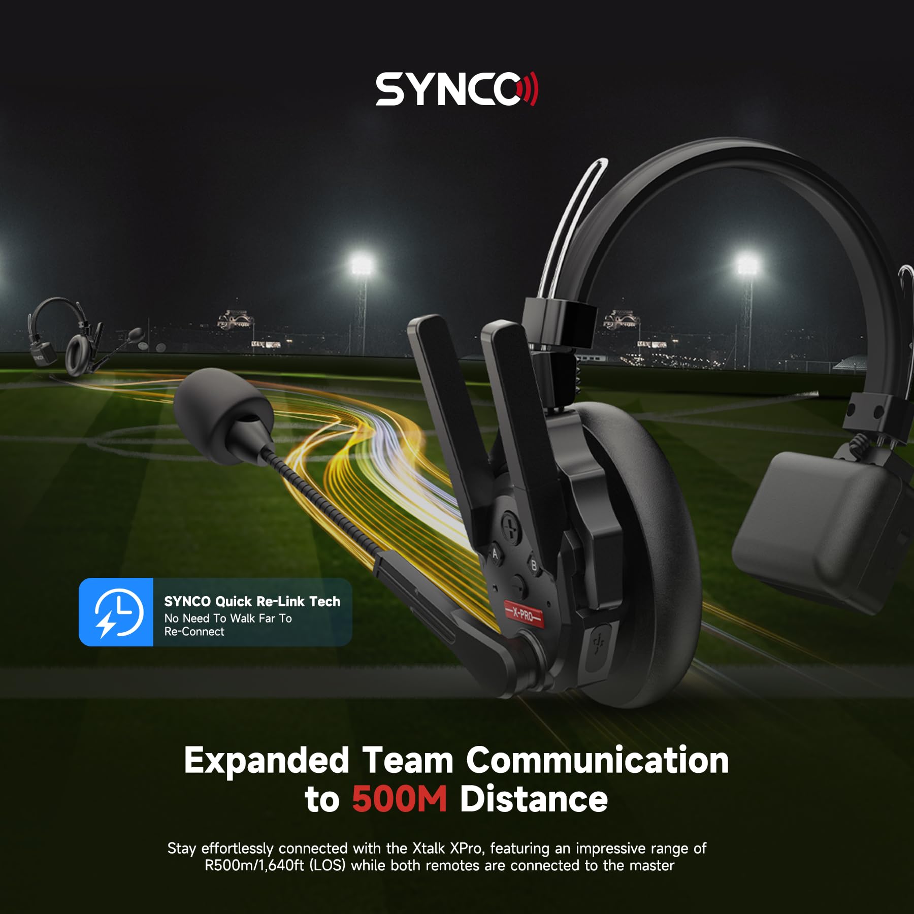 SYNCO XTALK PRO Wireless Intercom Headset System 2.4 GHz 1640feet/500 Meter Long Distance Range Communication Headset for Live Show Stage Performance Movie Shoot
