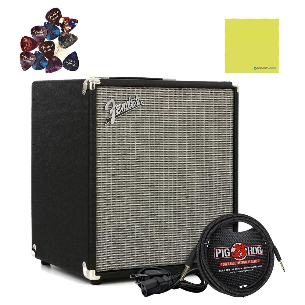 Fender Rumble 100 Bass Amplifier Bundle w/Pig Hog PCH10BK Black Woven Instrument Cable, Power Cable, 12x Fender Picks and Liquid Audio Polishing Cloth