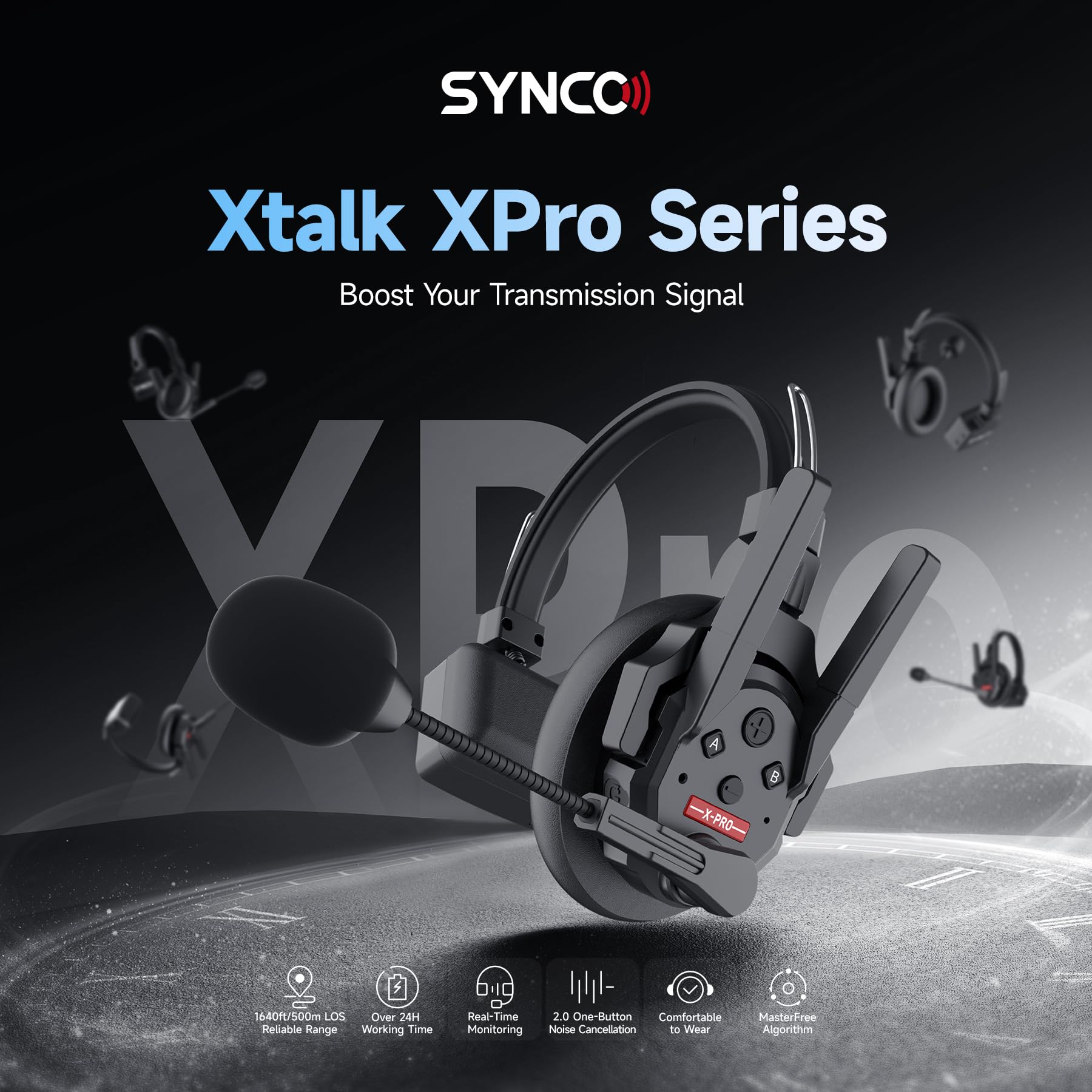 SYNCO XTalk XPro9 Wireless Intercom Headset System with Antenna Enhanced Signal Reception Support 500m/1640ft 2.4GHz 9-Person Team Communication,24-Hour Battery Life