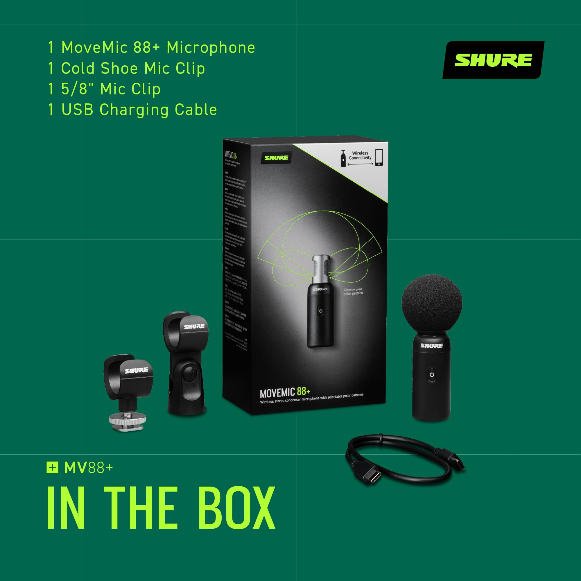 Shure MoveMic 88+ Wireless Microphone - Professional Audio Recorder for Film/Field Recording Interviews, Stereo Mic 4 Polar Patterns | Compatible with iOS/Android via Motiv App (MV88+W-Z7)