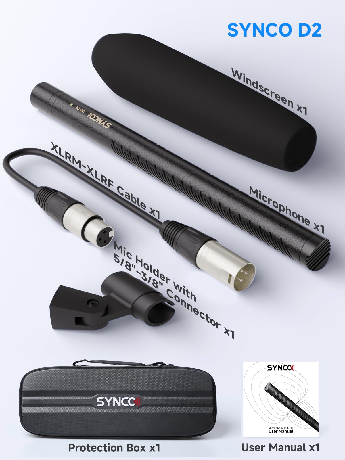 SYNCO D2 XLR Shotgun Microphone, Hypercardioid Condenser Mic for Camcorder, DSLR, Audio & Video Recording, Professional Directional Mic with XLR Output
