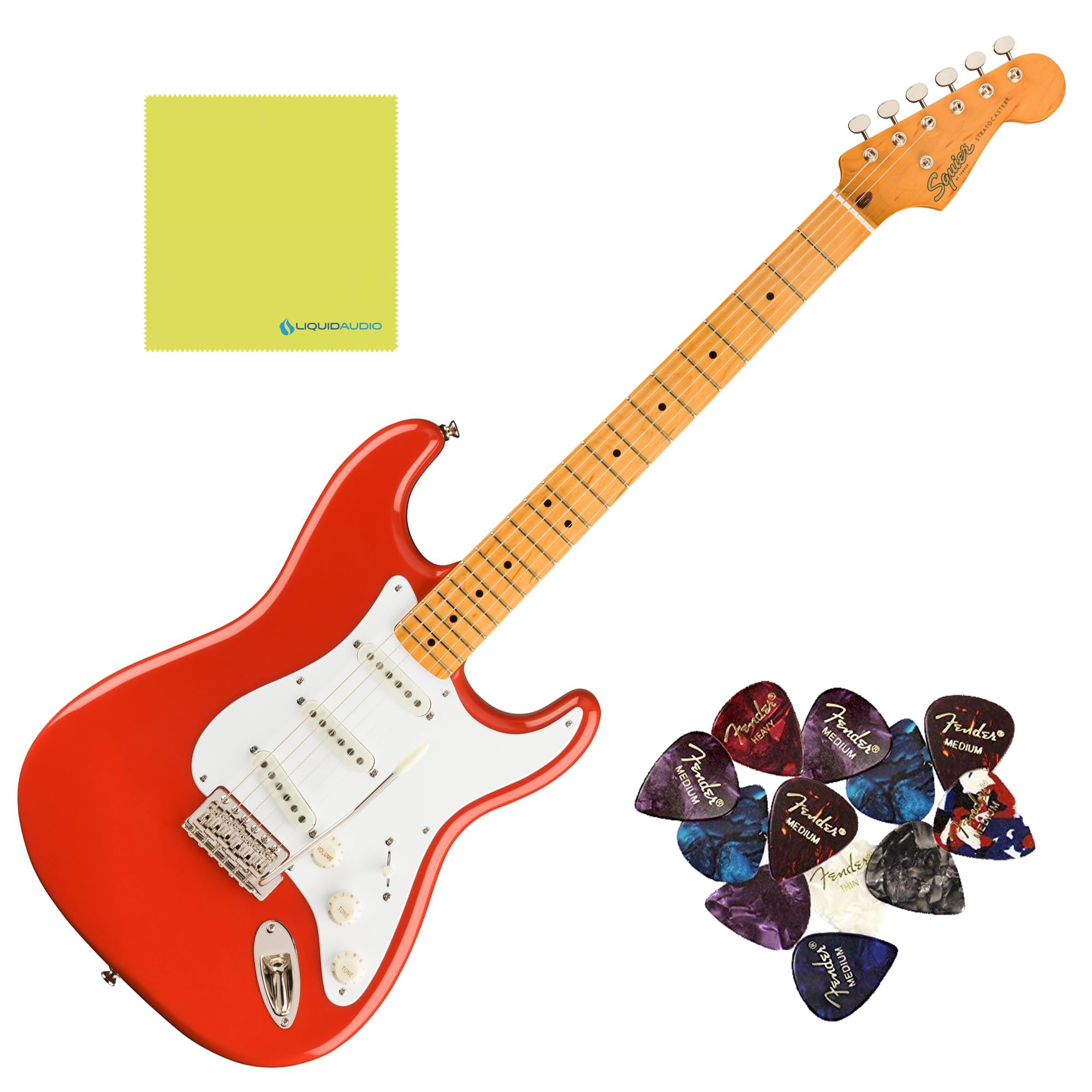 Squier Classic Vibe '50s Stratocaster, Maple Fingerboard, Fiesta Red Blonde - 0374005540 Bundle w/ 12-Pack Guitar Pick & Liquid Audio Polishing Cloth