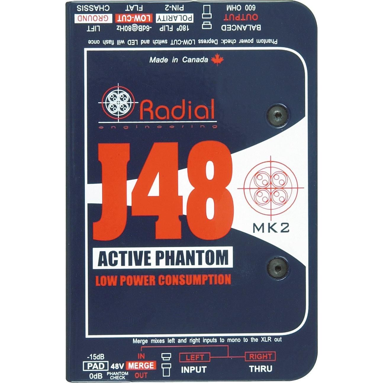 Radial J48 Active Direct Box Phantom Powered with Pad, Filter, and Merge Function New