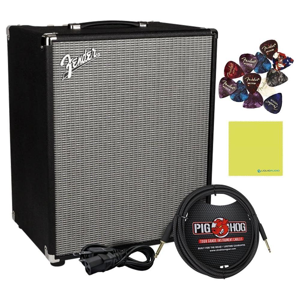 Fender Rumble 200 Bass Amplifier Bundle w/Pig Hog PCH10BK Black Woven Instrument Cable, Power Cable, 12x Fender Picks and Liquid Audio Polishing Cloth