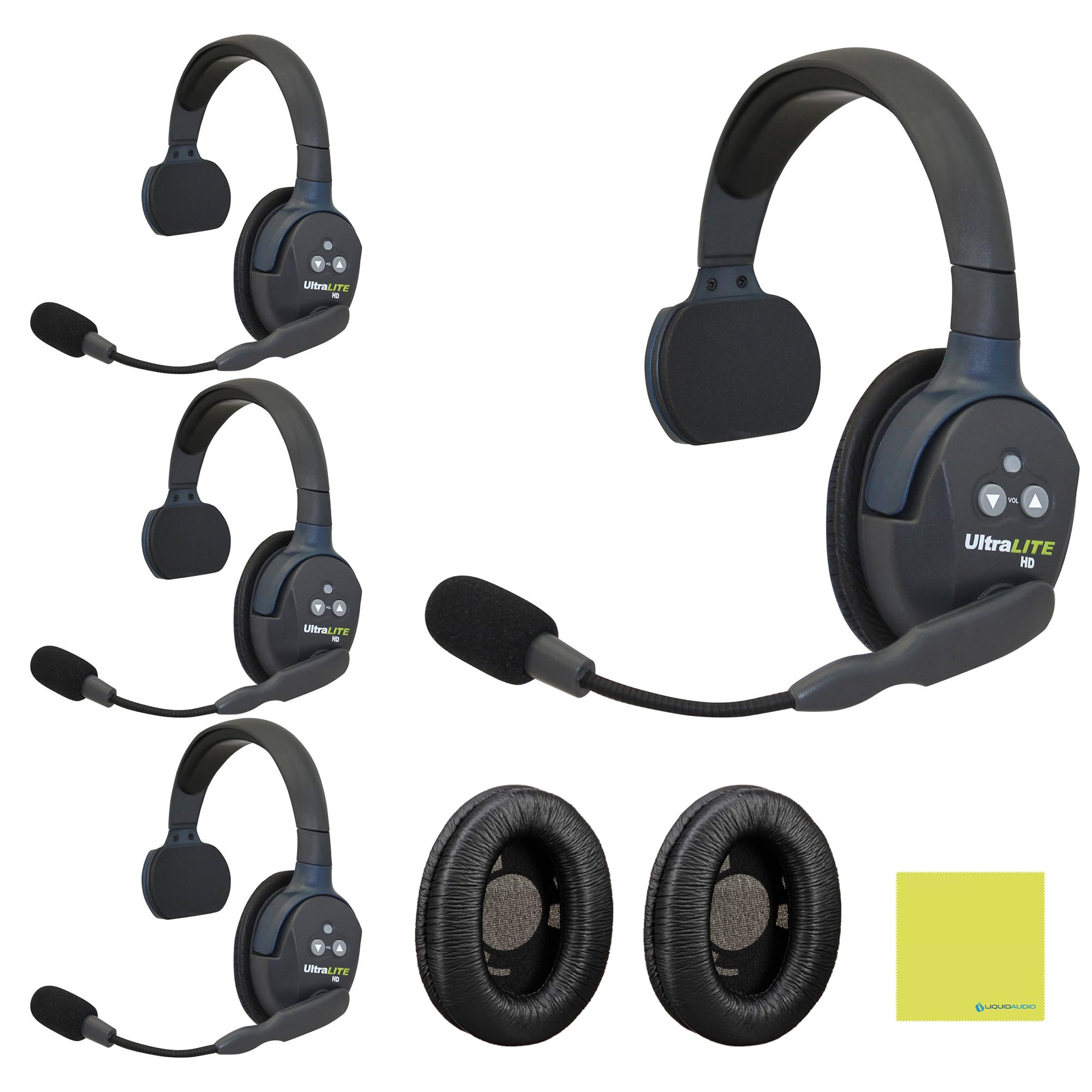 Liquid Audio Eartec UL4S Ultralite Full Duplex Wireless Headset Communication 4 Single Ear Headsets Bundle with Eartec ULEPD Ultralite Leatherette Earpad (Pair) Polishing Cloth