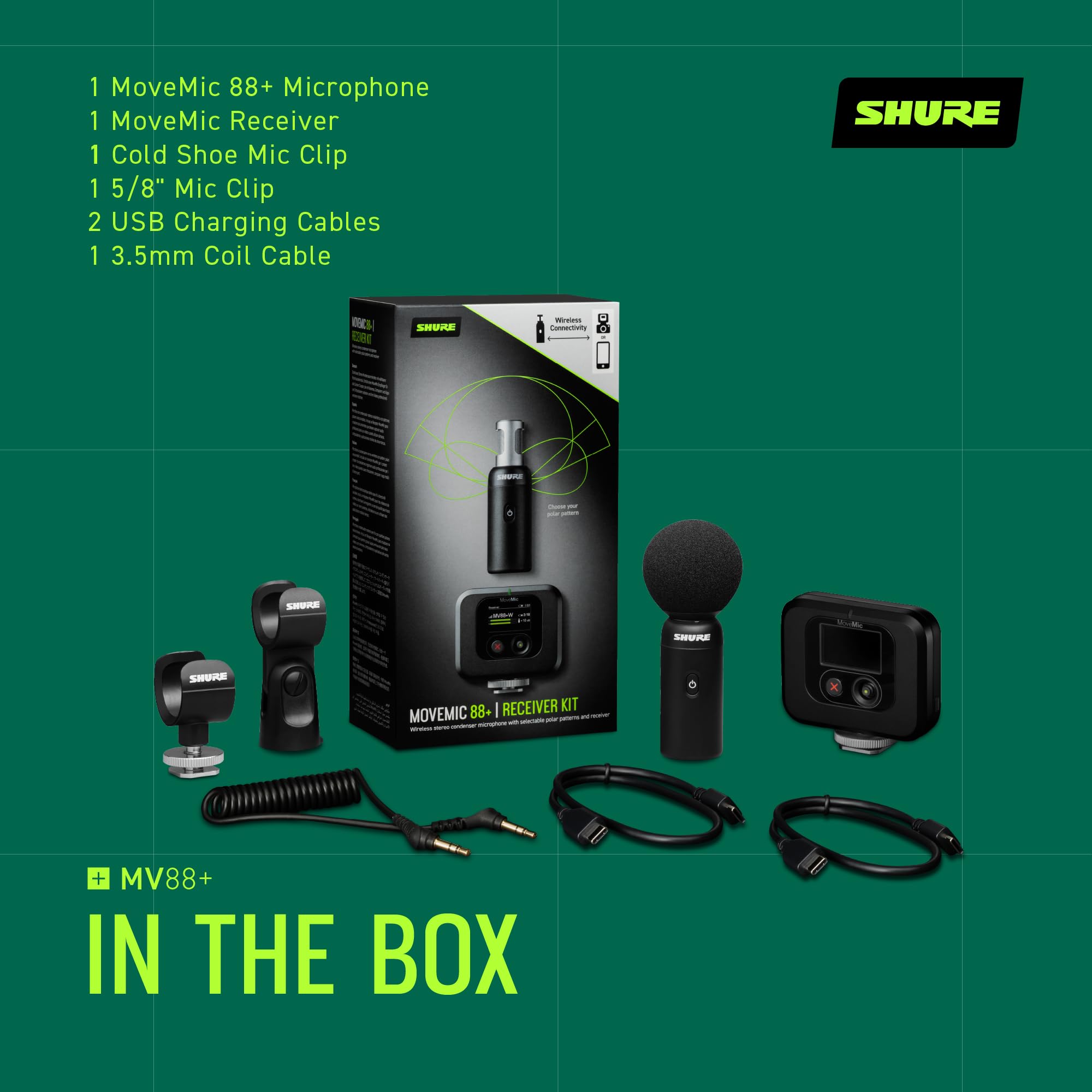 Shure MoveMic 88+ Wireless Microphone - Professional Audio Recorder for Film/Field Recording Interviews, Stereo Mic 4 Polar Patterns | Compatible with iOS/Android via Motiv App (MV88+W-Z7)