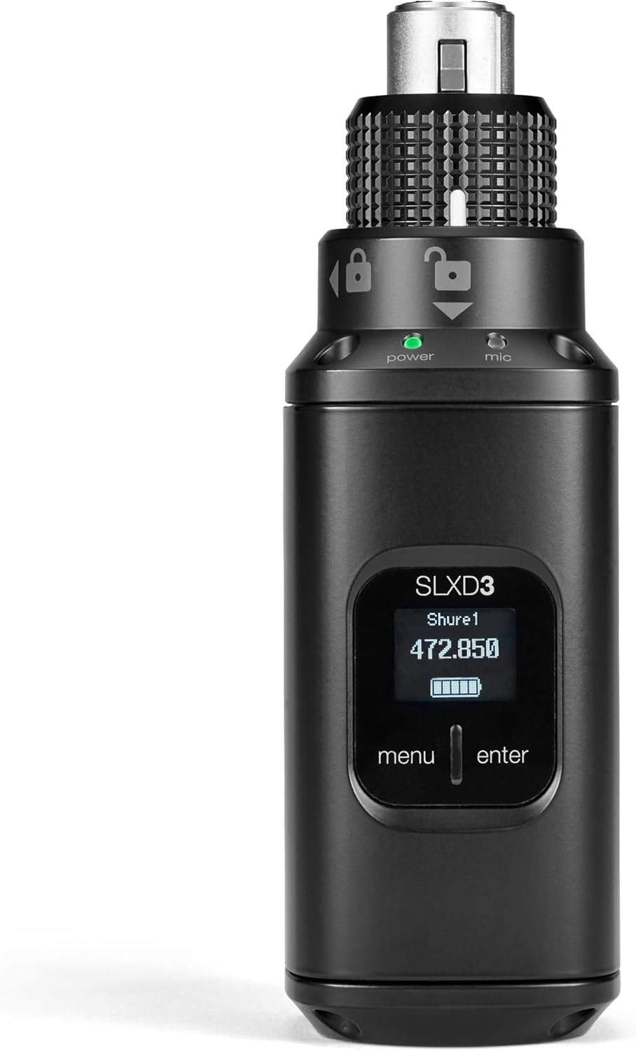 Shure SLXD3 Plug-On Digital Wireless Transmitter - Convert XLR Microphones to SLX-D Wireless, Secure Connection, 24-bit Audio, IR Sync - Includes Batteries & Carrying Pouch | G58 Band (SLXD3=-G58)