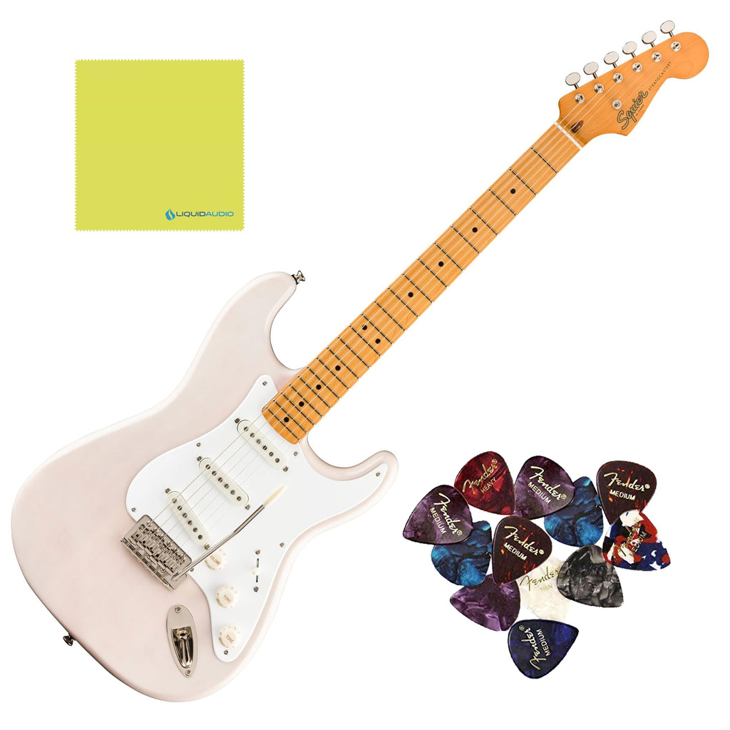 Squier Classic Vibe '50s Stratocaster, Maple Fingerboard, White Blonde - 0374005501 Bundle w/ 12-Pack Guitar Pick and Liquid Audio Polishing Cloth