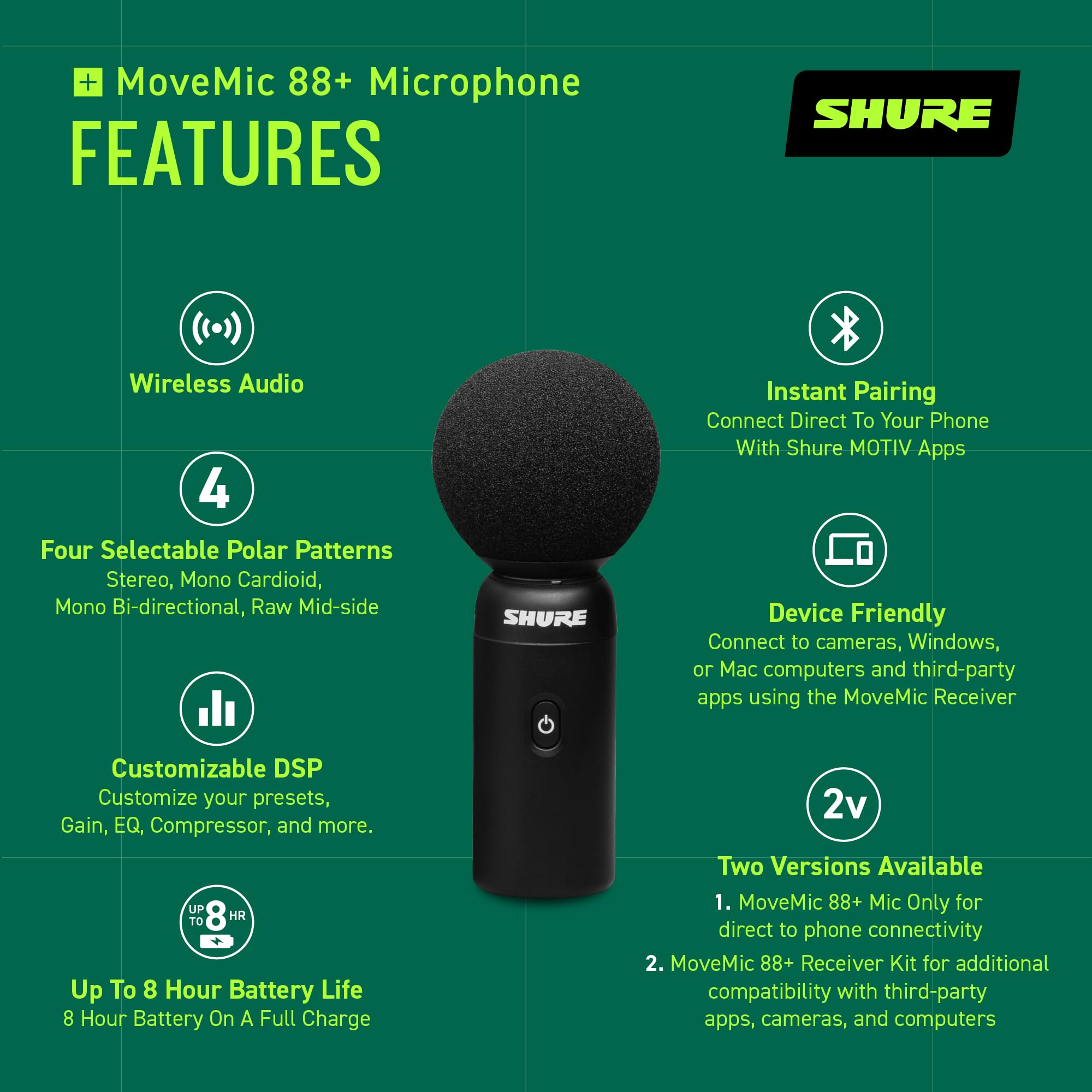 Shure MoveMic 88+ Wireless Microphone - Professional Audio Recorder for Film/Field Recording Interviews, Stereo Mic 4 Polar Patterns | Compatible with iOS/Android via Motiv App (MV88+W-Z7)