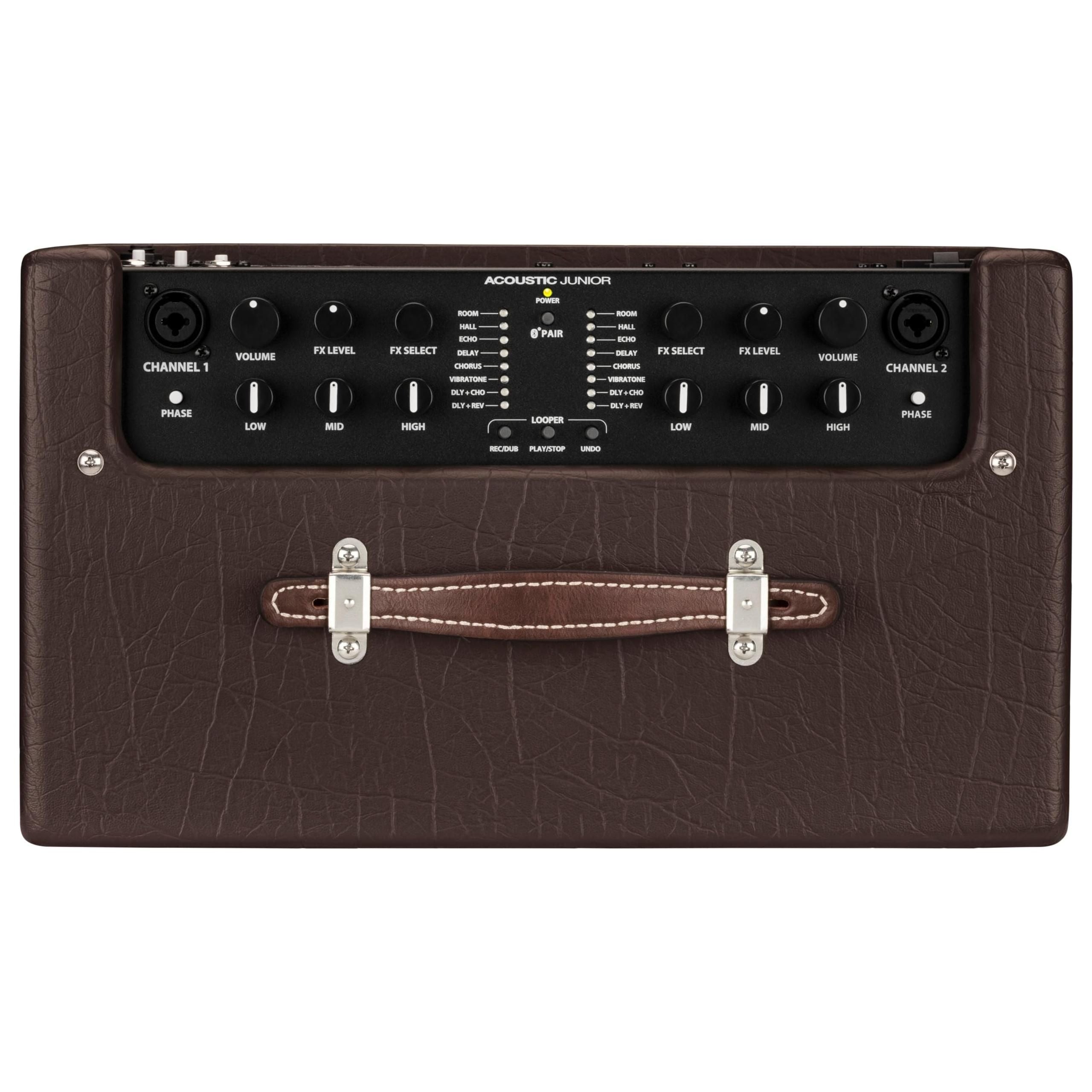 Fender Acoustic Junior Guitar Amplifier, 120V, Dark Brown, Bundle w/Pig Hog Black Woven Instrument Cable, 12-Pack Guitar Picks & Liquid Audio Polishing Cloth