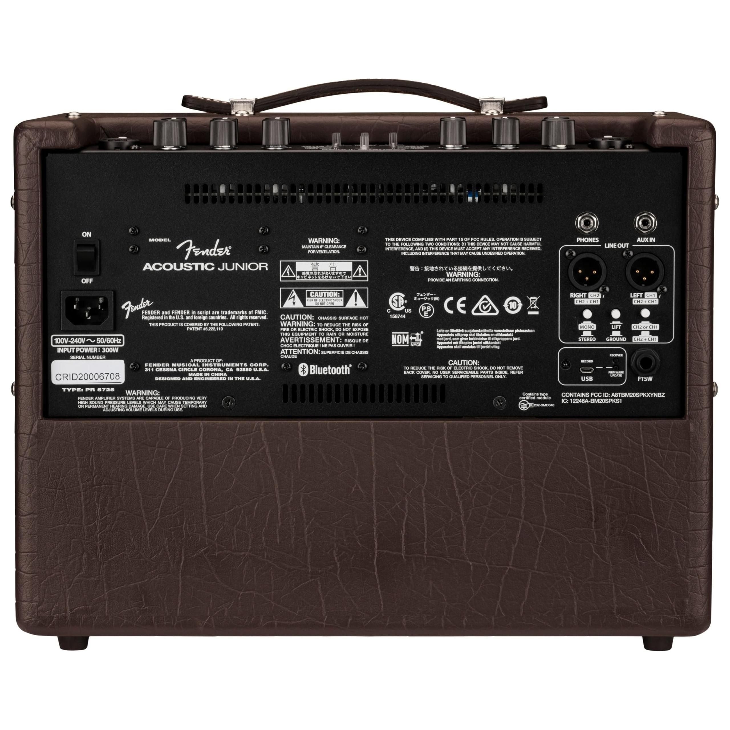 Fender Acoustic Junior Guitar Amplifier, 120V, Dark Brown, Bundle w/Pig Hog Black Woven Instrument Cable, 12-Pack Guitar Picks & Liquid Audio Polishing Cloth