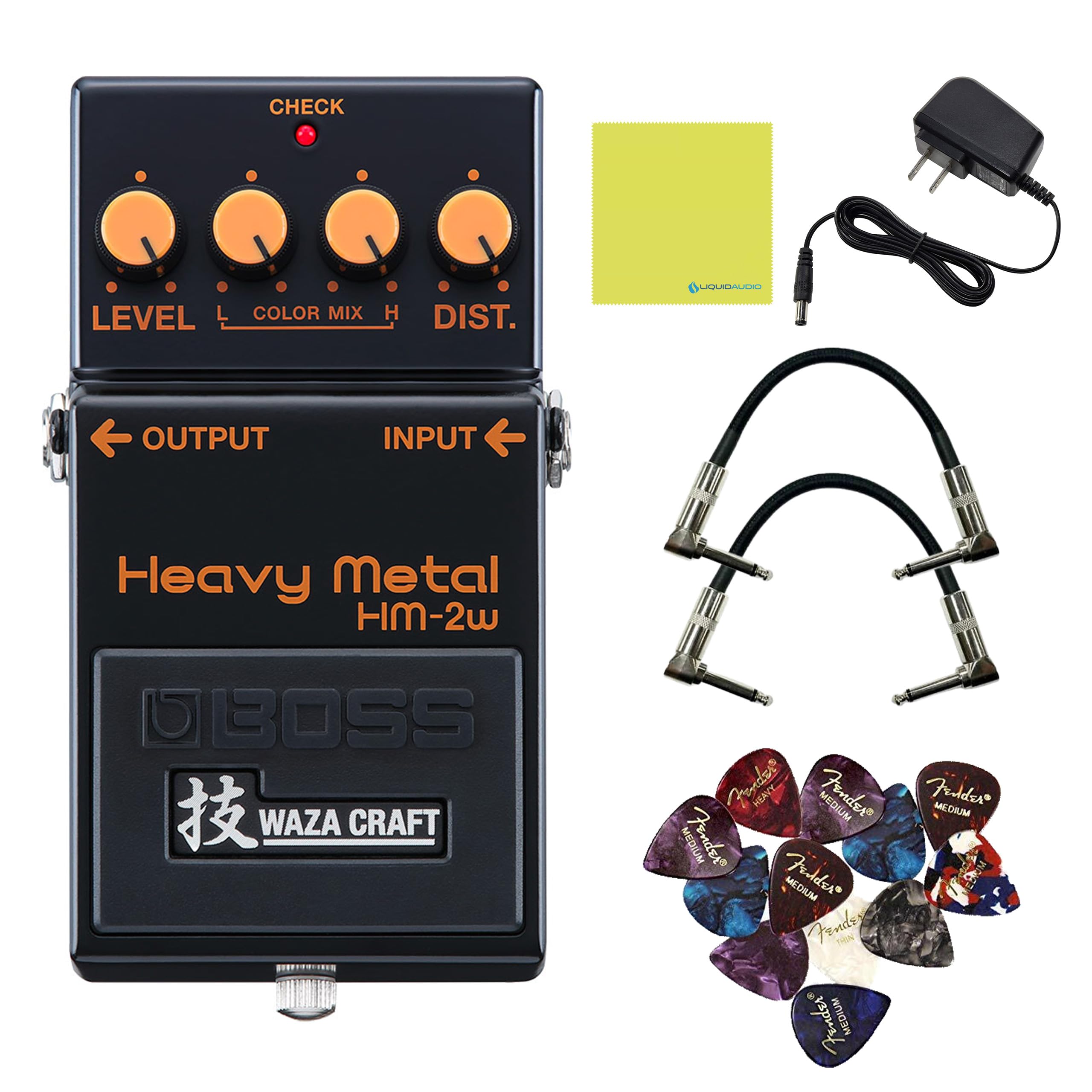 Boss HM-2W Waza Craft Heavy Metal Distortion Pedal Bundle with 2 Right Angle Patch Cables, 12 Guitar Picks, 9V Adapter & Polishing Cloth – Iconic Chainsaw Tone, Vintage & Custom Modes